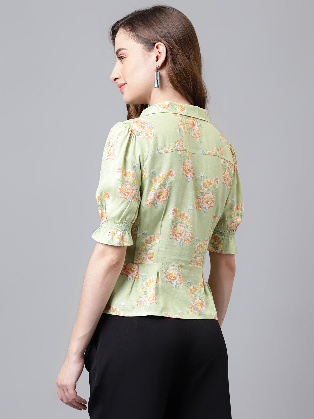 Latin Quarters Women's Green Half Sleeve Printed Collared Casual Shirt