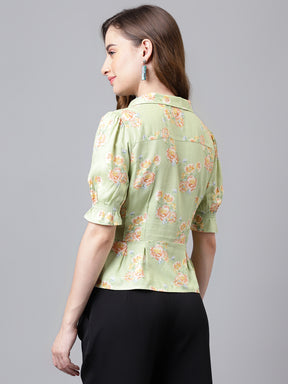 Latin Quarters Women's Green Half Sleeve Printed Collared Casual Shirt