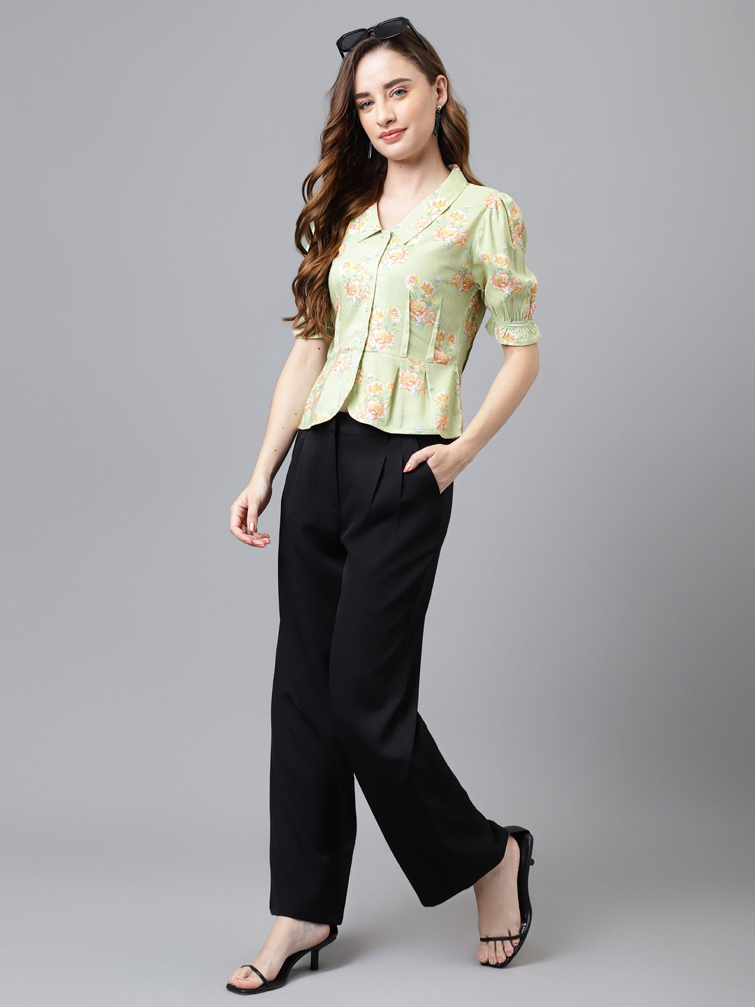 Latin Quarters Women's Green Half Sleeve Printed Collared Casual Shirt