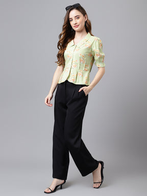Latin Quarters Women's Green Half Sleeve Printed Collared Casual Shirt