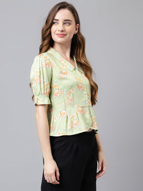 Latin Quarters Women's Green Half Sleeve Printed Collared Casual Shirt