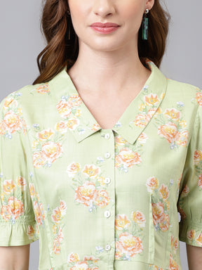 Latin Quarters Women's Green Half Sleeve Printed Collared Casual Shirt