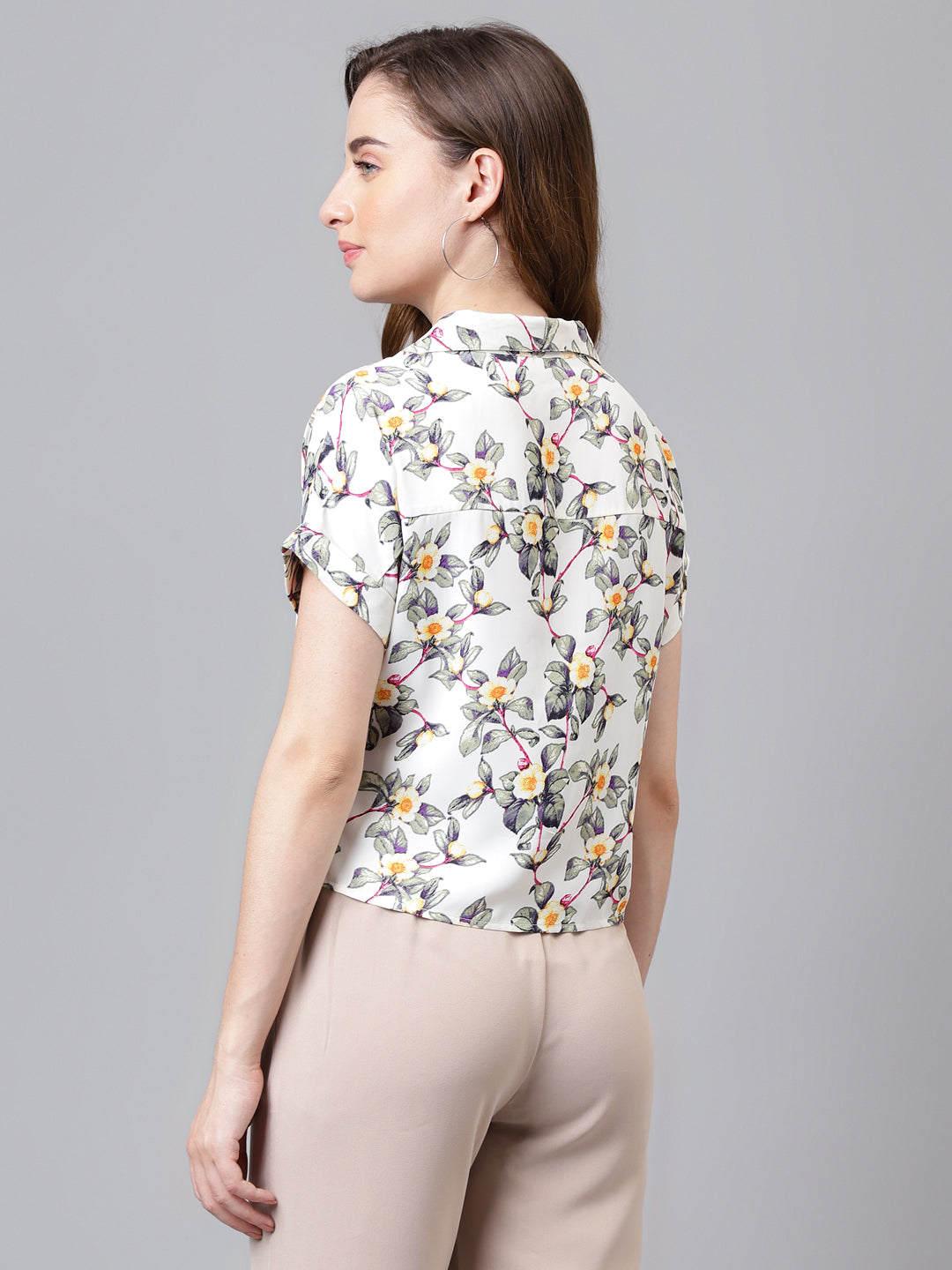 Latin Quarters Women's Cream Cap Sleeve Printed Collared Casual Shirt