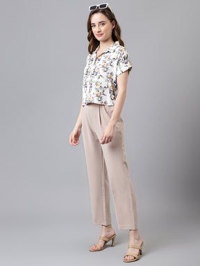 Latin Quarters Women's Cream Cap Sleeve Printed Collared Casual Shirt