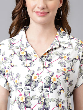 Latin Quarters Women's Cream Cap Sleeve Printed Collared Casual Shirt