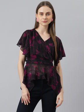 Latin Quarters Women's Black Short Sleeve Printed V-Neck Casual Top