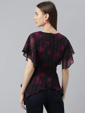 Latin Quarters Women's Black Short Sleeve Printed V-Neck Casual Top