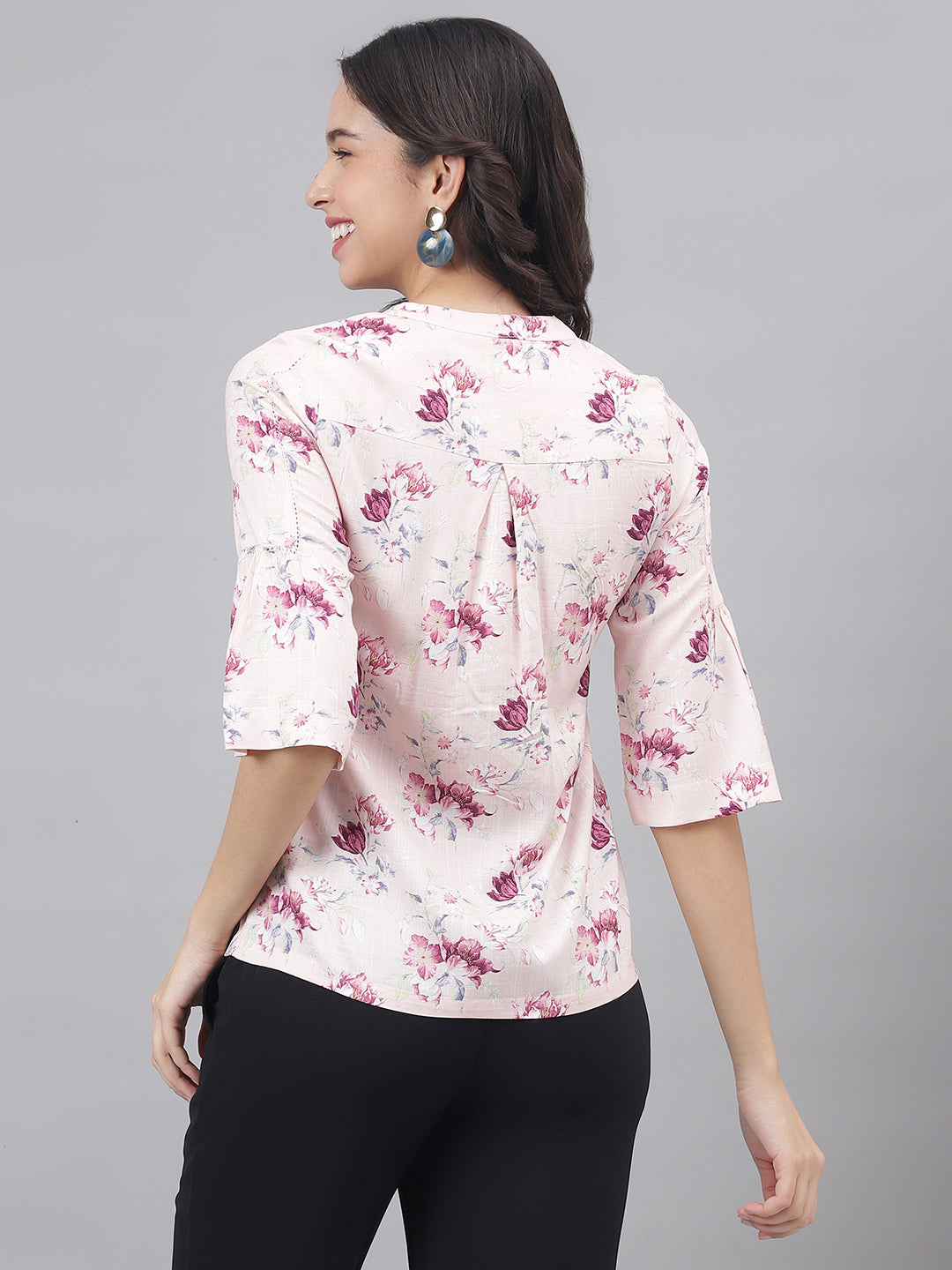 Pink Mandarin Collar Three-Quarter Sleeves Printed Top For Casual Wear