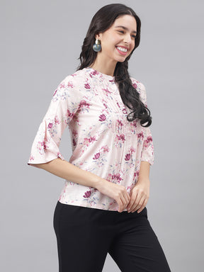 Pink Mandarin Collar Three-Quarter Sleeves Printed Top For Casual Wear