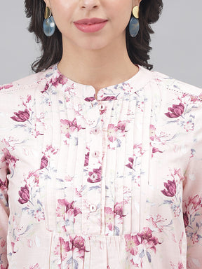 Pink Mandarin Collar Three-Quarter Sleeves Printed Top For Casual Wear
