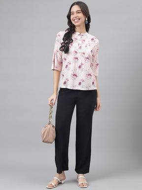 Pink Mandarin Collar Three-Quarter Sleeves Printed Top For Casual Wear