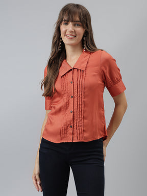 Solid Casual Short Sleeves Rust Shirt