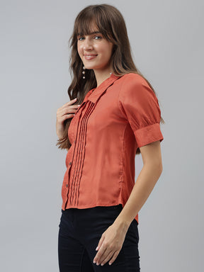 Solid Casual Short Sleeves Rust Shirt