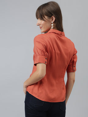 Solid Casual Short Sleeves Rust Shirt