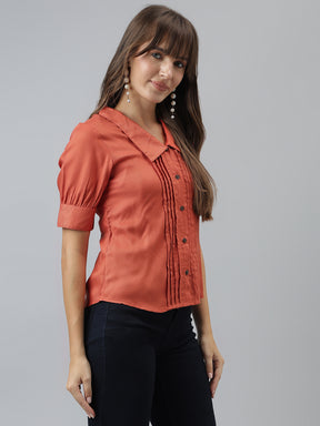 Solid Casual Short Sleeves Rust Shirt