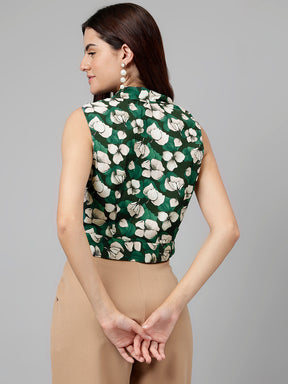 Green Printed Polyester Blouse Sleeveless