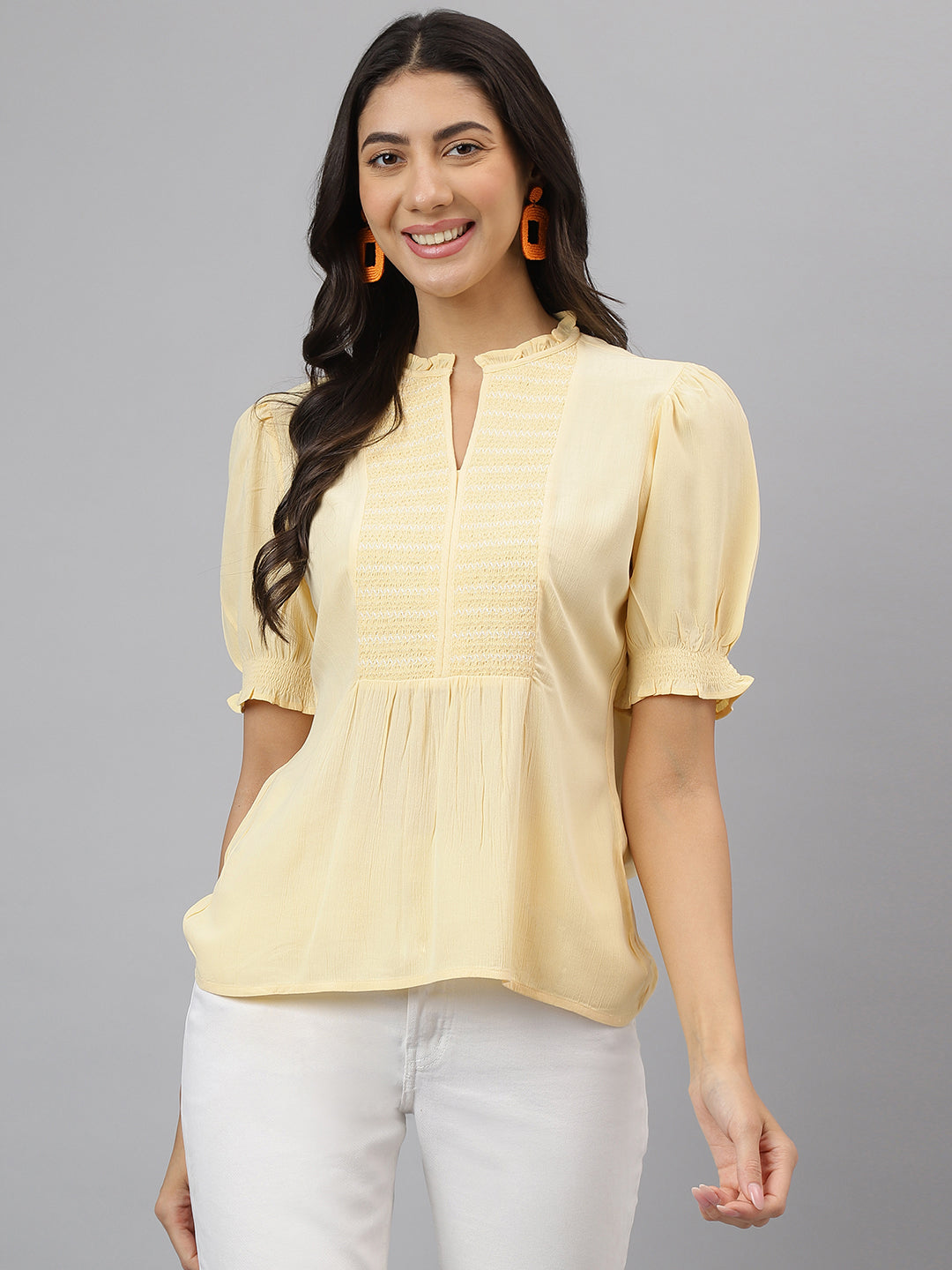 Yellow Solid Half Sleeves Casual Top