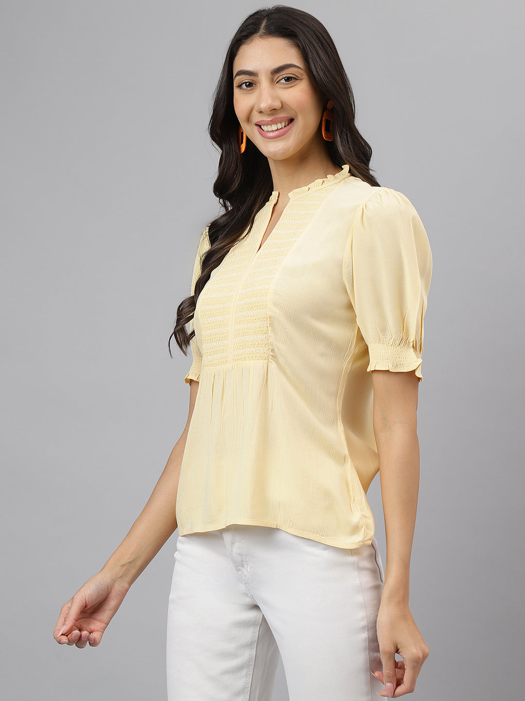 Yellow Solid Half Sleeves Casual Top