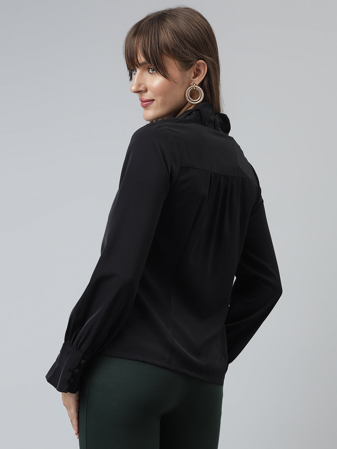 Solid Top Casual Full Sleeves Black Top