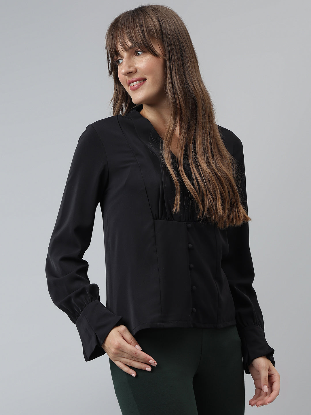 Solid Top Casual Full Sleeves Black Top