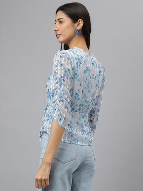 Blue Floral 3/4 Sleeve Casual Top