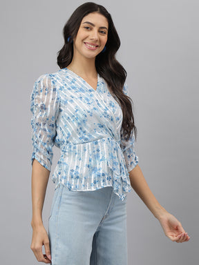 Blue Floral 3/4 Sleeve Casual Top