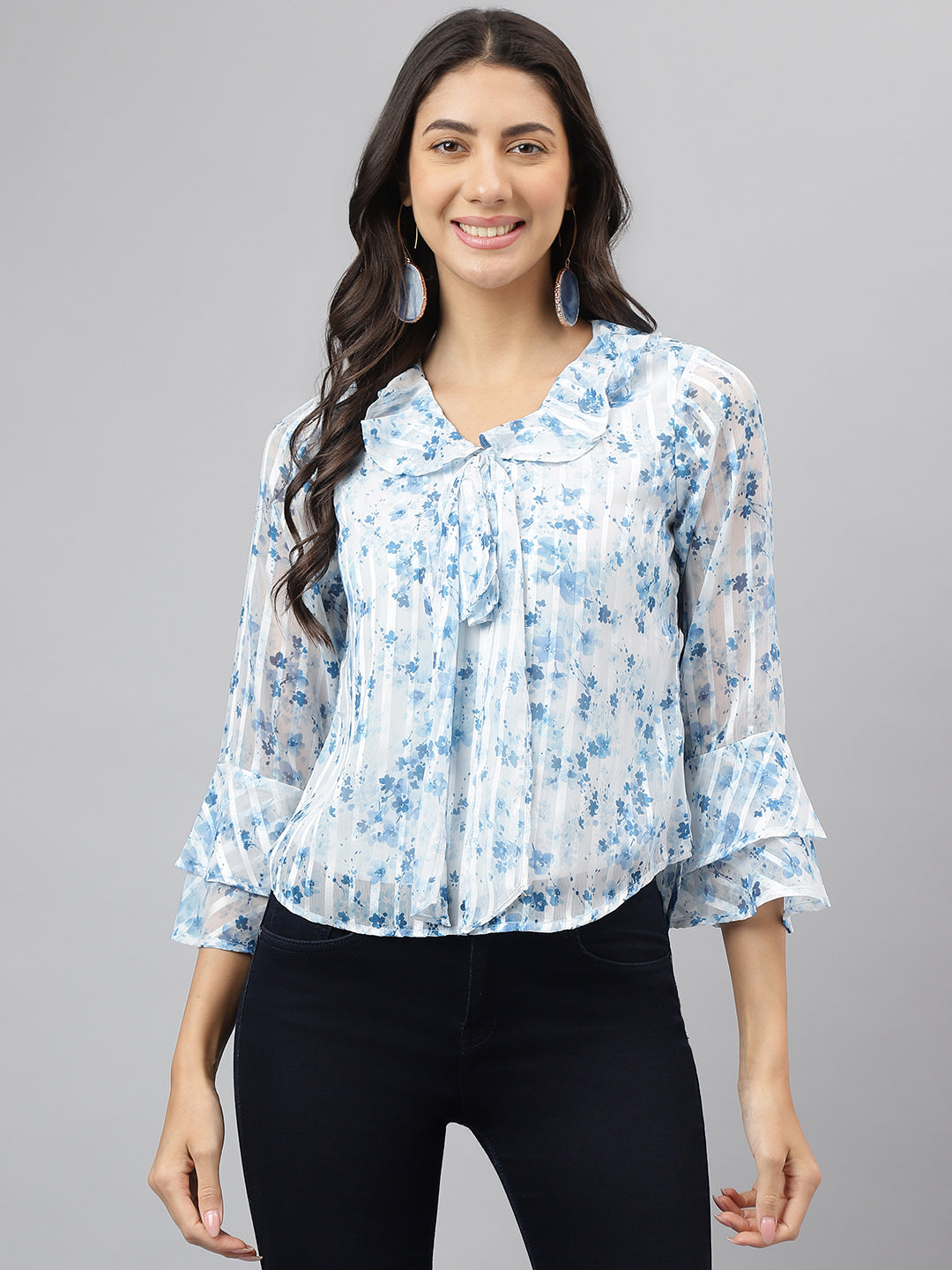 Blue Floral Full Sleeve Casual Top