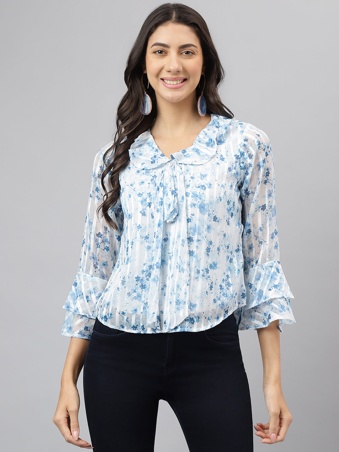 Latin Quarters Women'S Blue Printed V-Neck 3/4Th Sleeve Casual Top