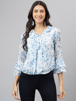 Latin Quarters Women'S Blue Printed V-Neck 3/4Th Sleeve Casual Top