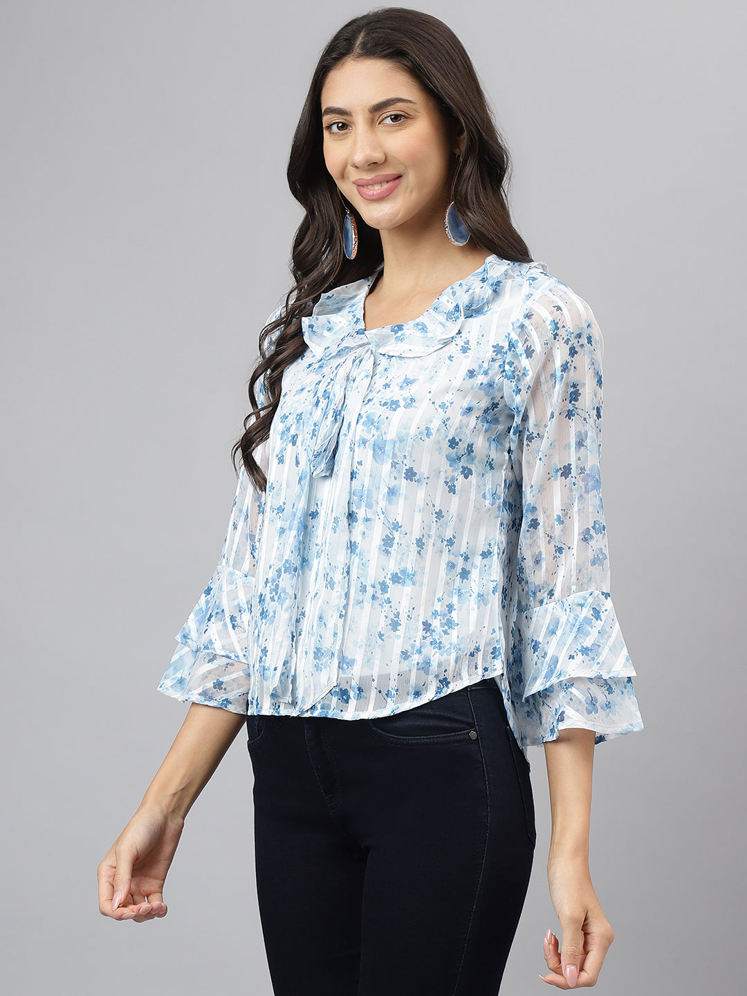 Blue Floral Full Sleeve Casual Top