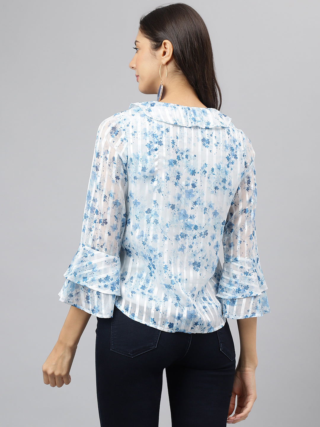 Latin Quarters Women'S Blue Printed V-Neck 3/4Th Sleeve Casual Top