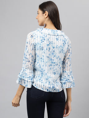Latin Quarters Women'S Blue Printed V-Neck 3/4Th Sleeve Casual Top