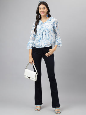 Latin Quarters Women'S Blue Printed V-Neck 3/4Th Sleeve Casual Top