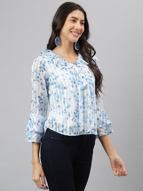 Latin Quarters Women'S Blue Printed V-Neck 3/4Th Sleeve Casual Top