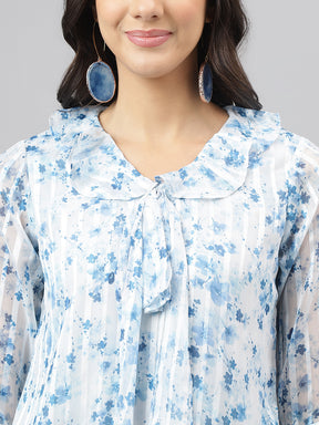 Latin Quarters Women'S Blue Printed V-Neck 3/4Th Sleeve Casual Top