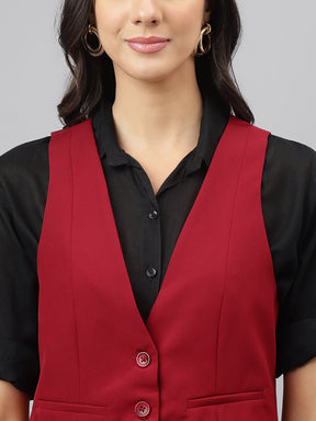 Red Solid Sleeveless Casual Jacket