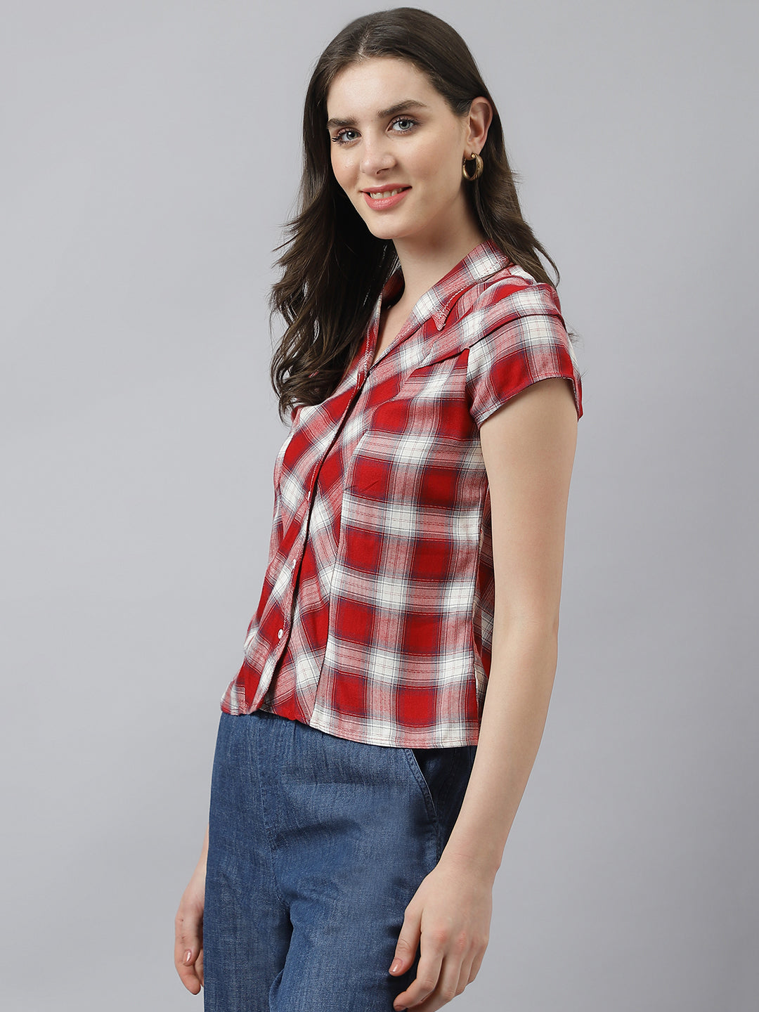 Latin Quarters Women's Red Cap Sleeves Collar Neck Casual Check Shirt