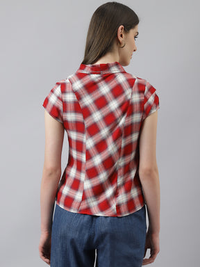 Latin Quarters Women's Red Cap Sleeves Collar Neck Casual Check Shirt