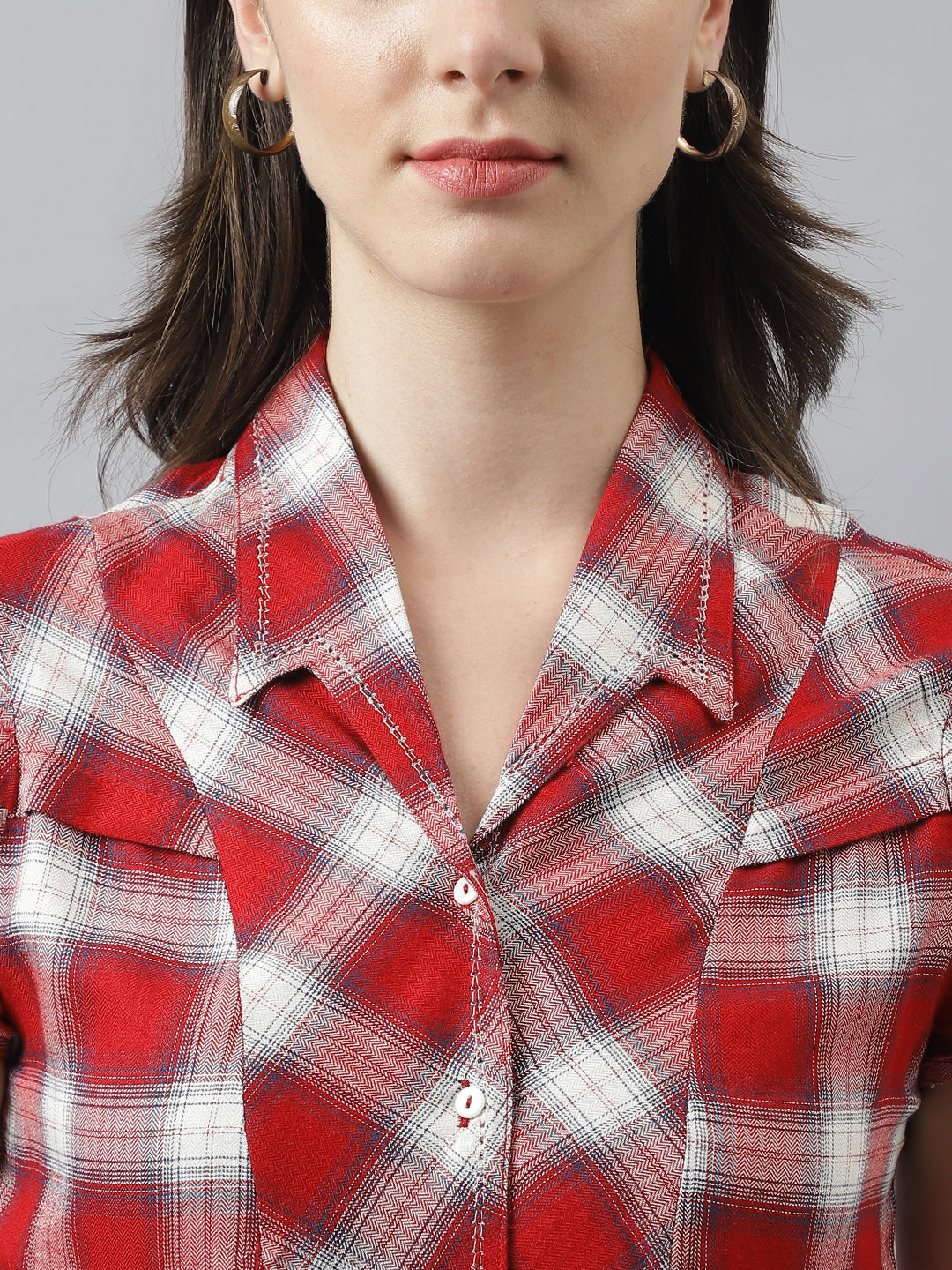 Latin Quarters Women's Red Cap Sleeves Collar Neck Casual Check Shirt