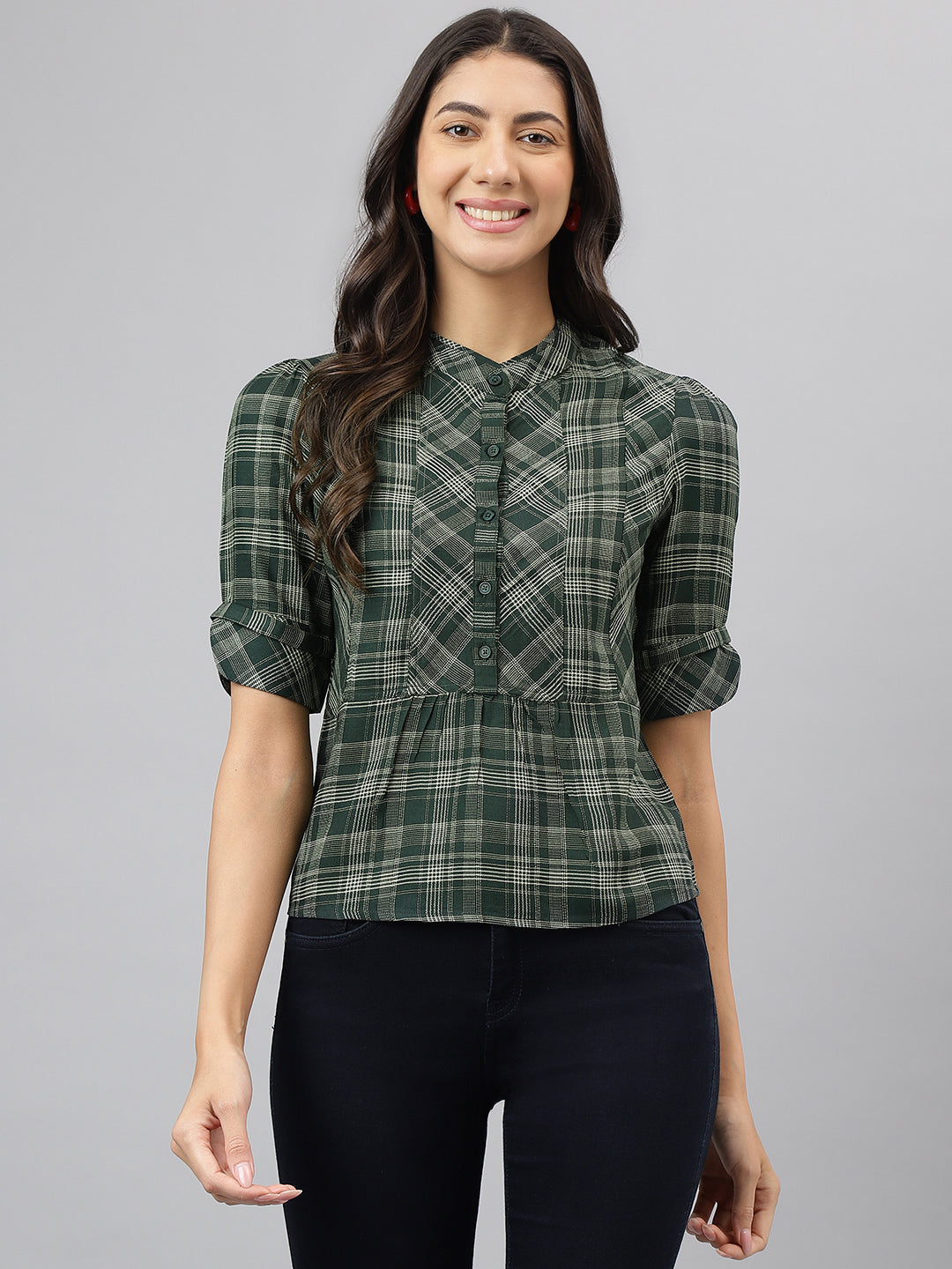 Green Check Half Sleeves Casual Top