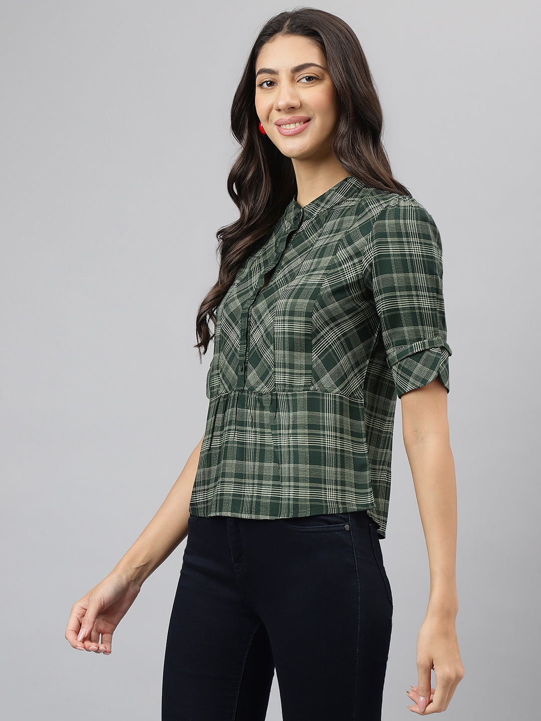 Green Check Half Sleeves Casual Top