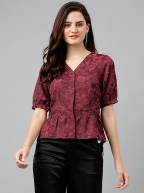 Maroon Solid Polyester Stretch Blouse