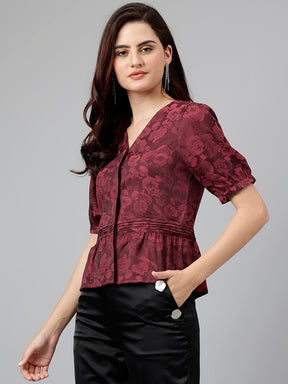 Maroon Solid Polyester Stretch Blouse