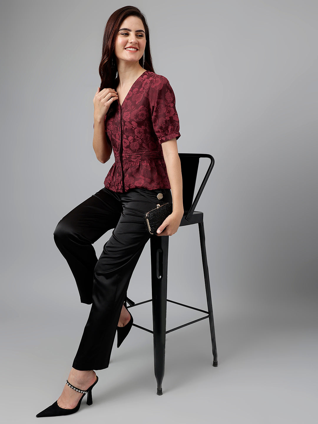 Maroon Solid Polyester Stretch Blouse