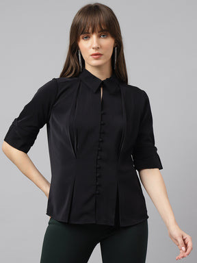 Latin Quarters Women'S Black Solid Collared Half Sleeve Casual Shirt