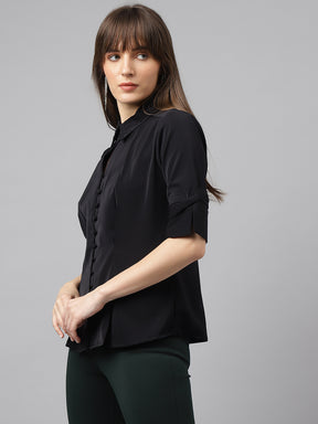 Latin Quarters Women'S Black Solid Collared Half Sleeve Casual Shirt