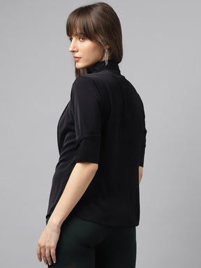 Latin Quarters Women'S Black Solid Collared Half Sleeve Casual Shirt