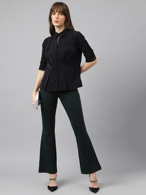 Latin Quarters Women'S Black Solid Collared Half Sleeve Casual Shirt