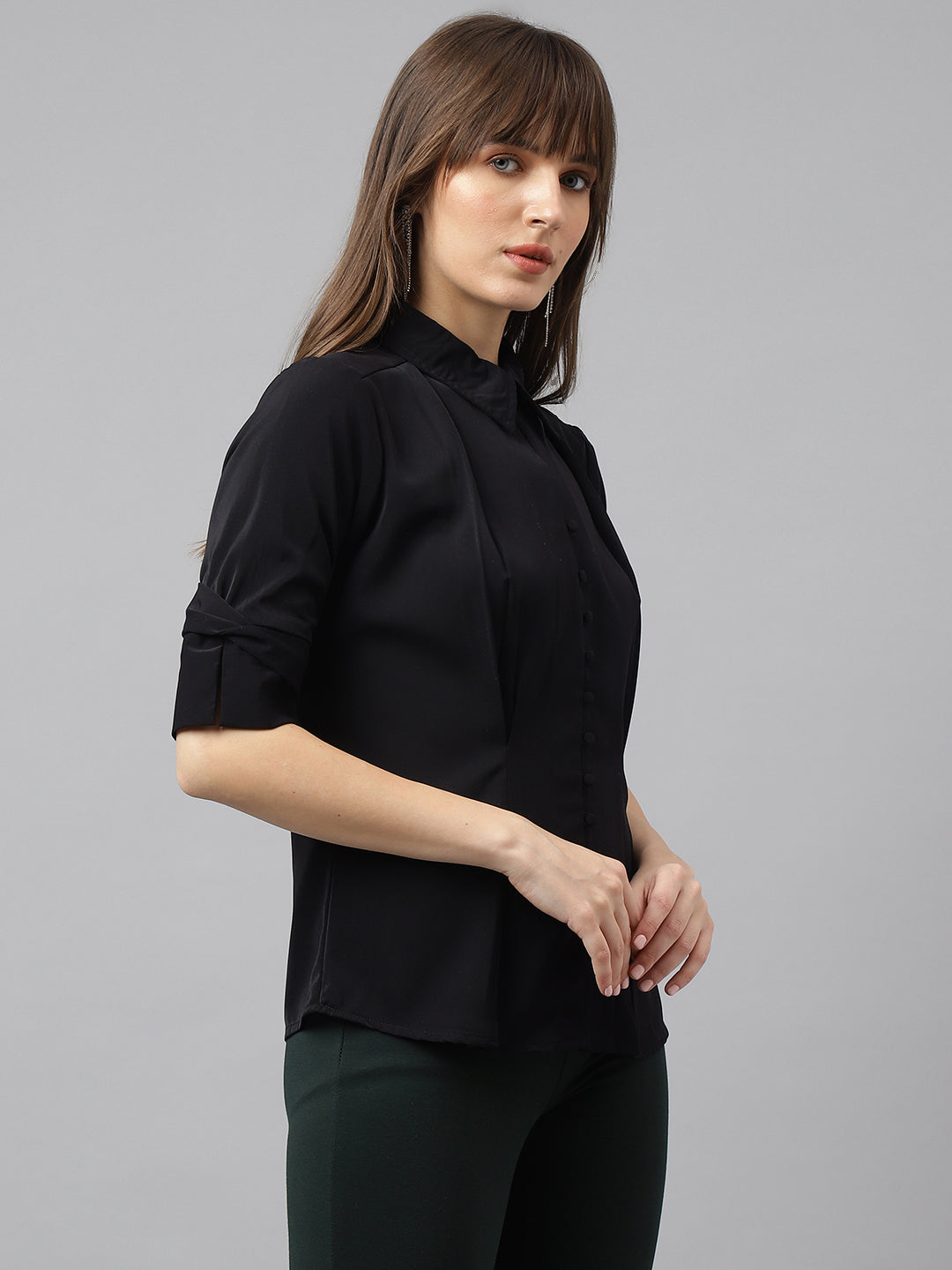 Latin Quarters Women'S Black Solid Collared Half Sleeve Casual Shirt