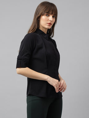 Latin Quarters Women'S Black Solid Collared Half Sleeve Casual Shirt